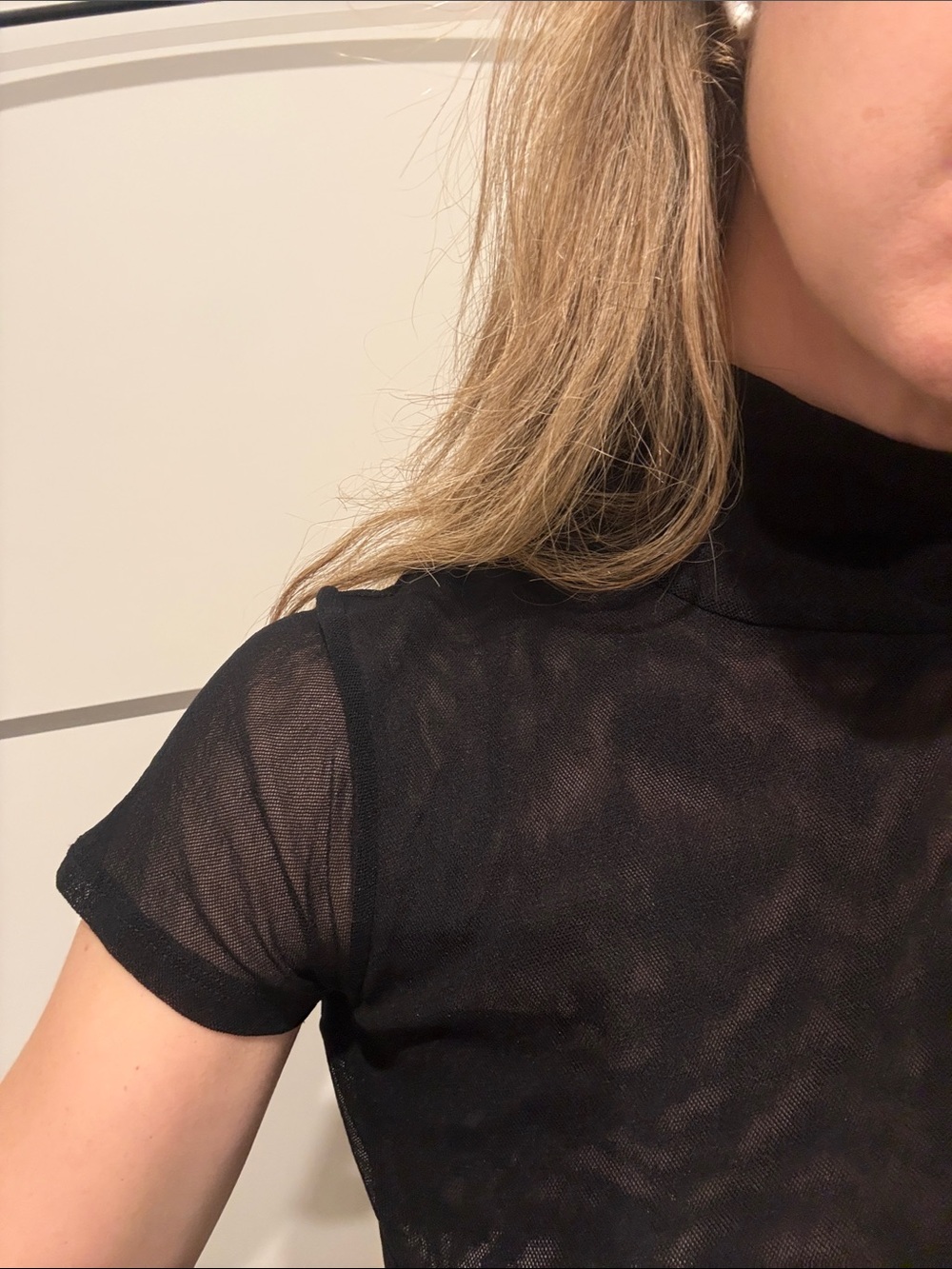 New York & Company Black Sheer Mock-Neck Short Sleeve top small - Picture 2 of 5